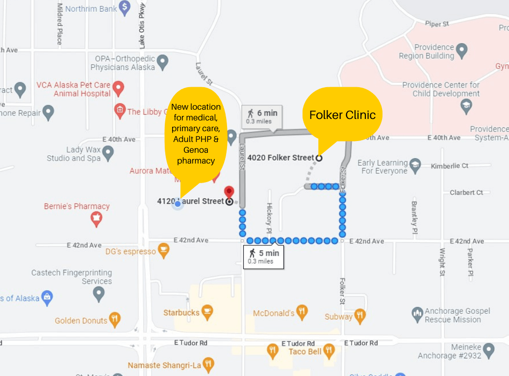 map of route from 4020 Folker to 4160 Laurel St, Anchorage, AK