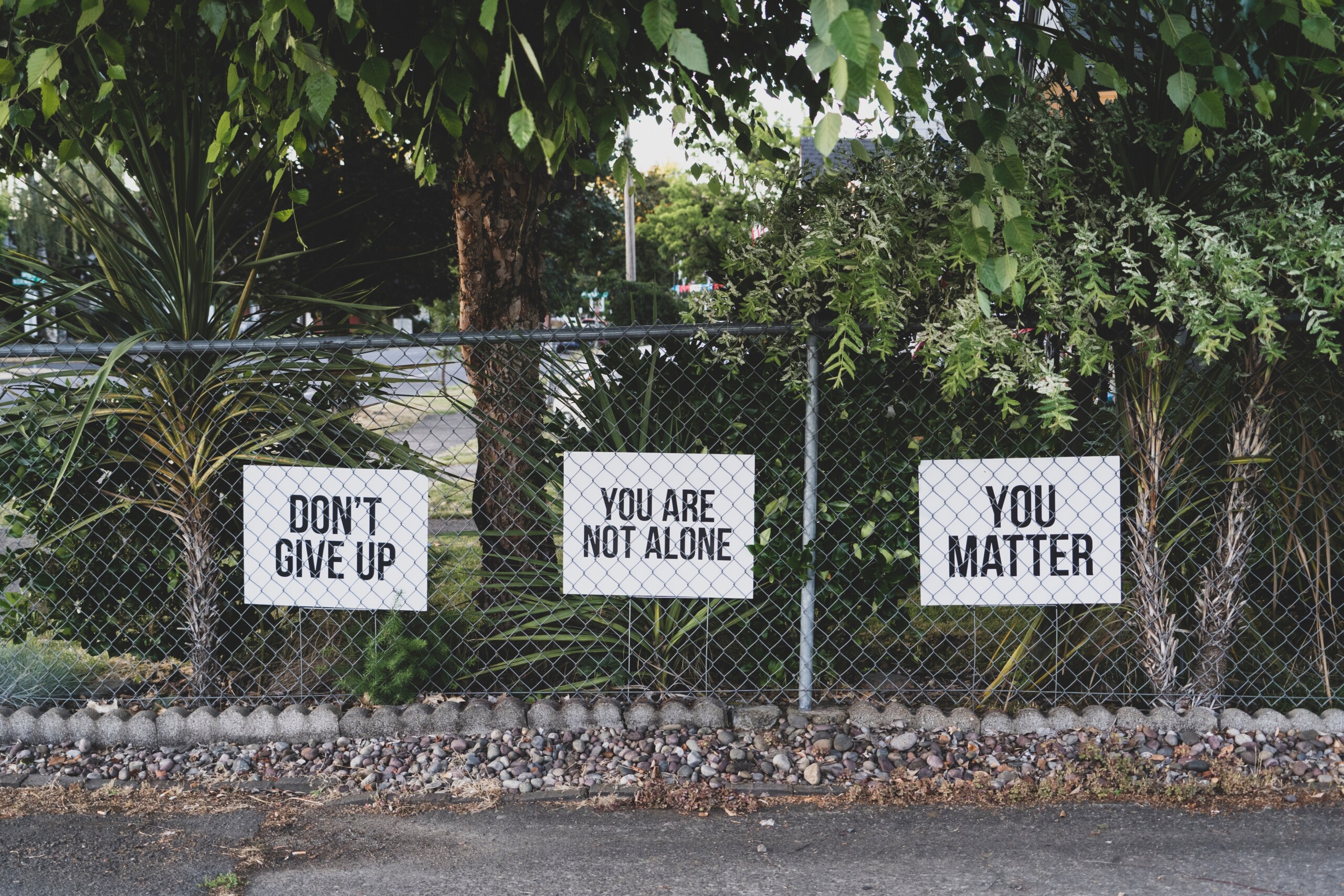 signs on fence reading "You Matter" "Mental Health" and 'Don't Give Up"
